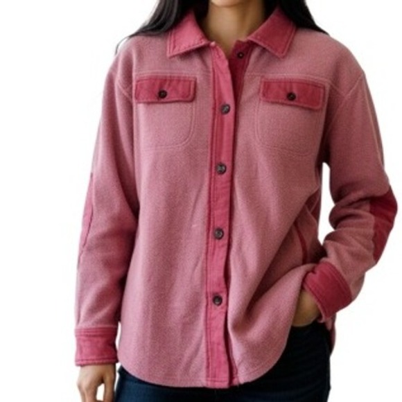 Free People Ruby Shacket Jacket Womens S Button Down Pink Elbow Patch Fleece - Picture 1 of 8
